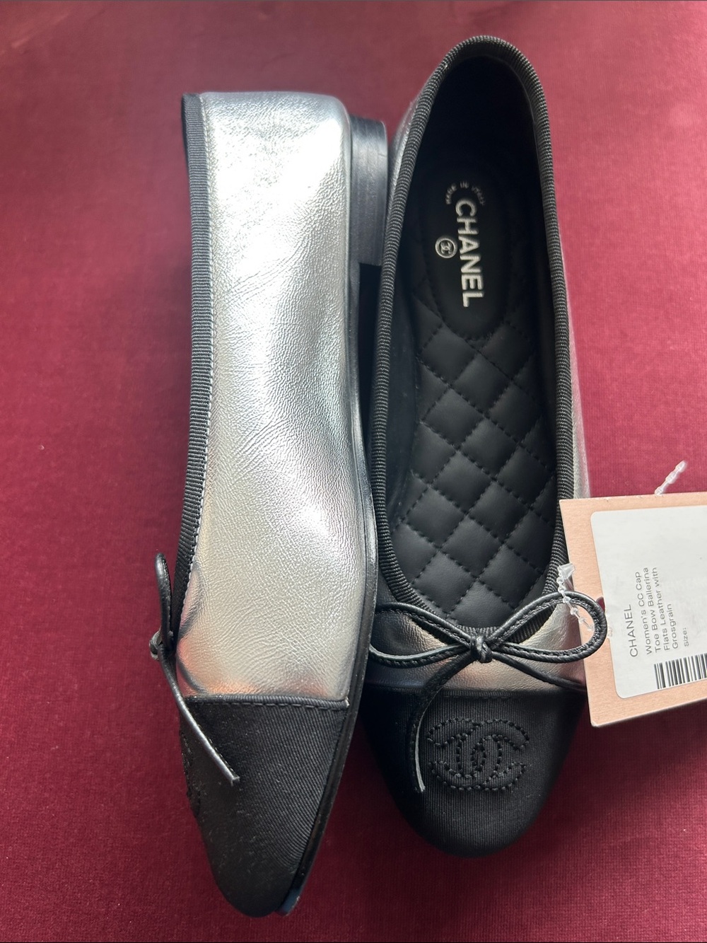CHANEL Silver and Black Ballerina Flats size 38 BNWOB